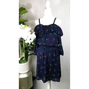 C By Charming Charlie Dress Navy Blue w/Red Cherry Print Cold Shoulder-Women's M
